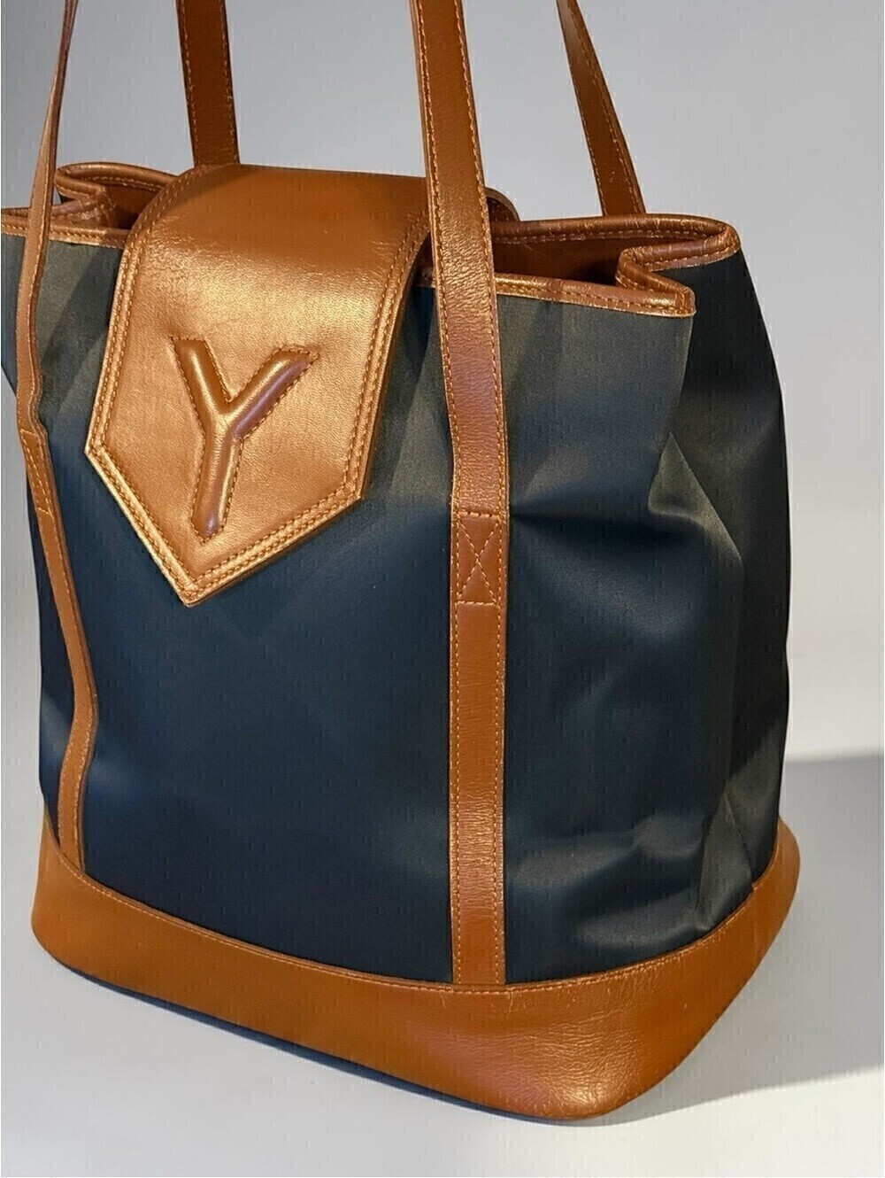 Yves Saint Laurent YSL Vintage Black Canvas Brown Leather Bucket Tote Bag COA - Picture 2 of 15